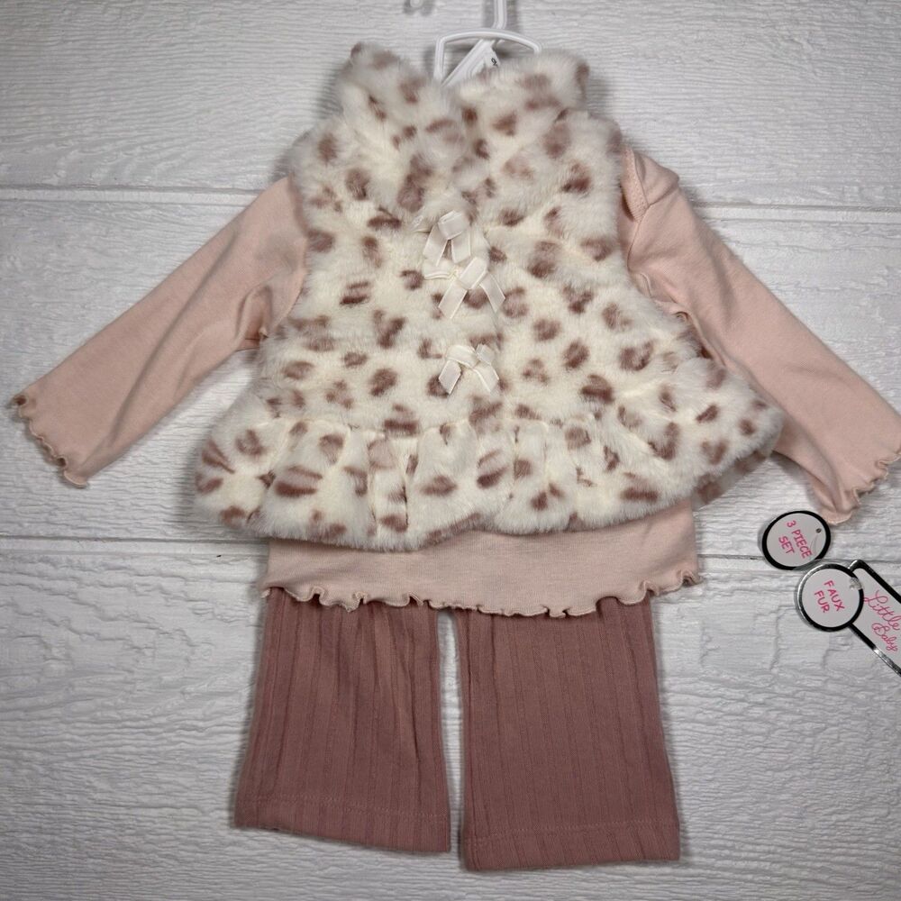 Little Lass Baby Girl 3-Piece Faux Fur Vest Outfit Pink Cheetah 0–3M NWT